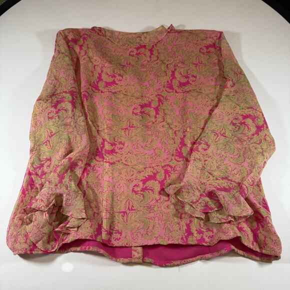 Vintage Y2K ICE Silk Paisley Beaded Ruffle Fairy Button Front Blouse Pink Wms XL - Picture 8 of 13